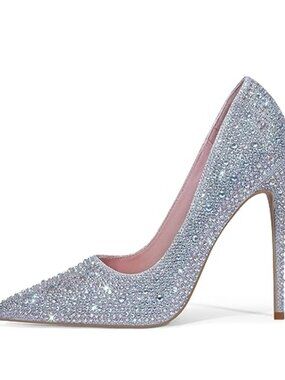 🆕 Women Pumps Pointed Toe High Heel Glitter Rhinestone Heels Sparkly - Silver